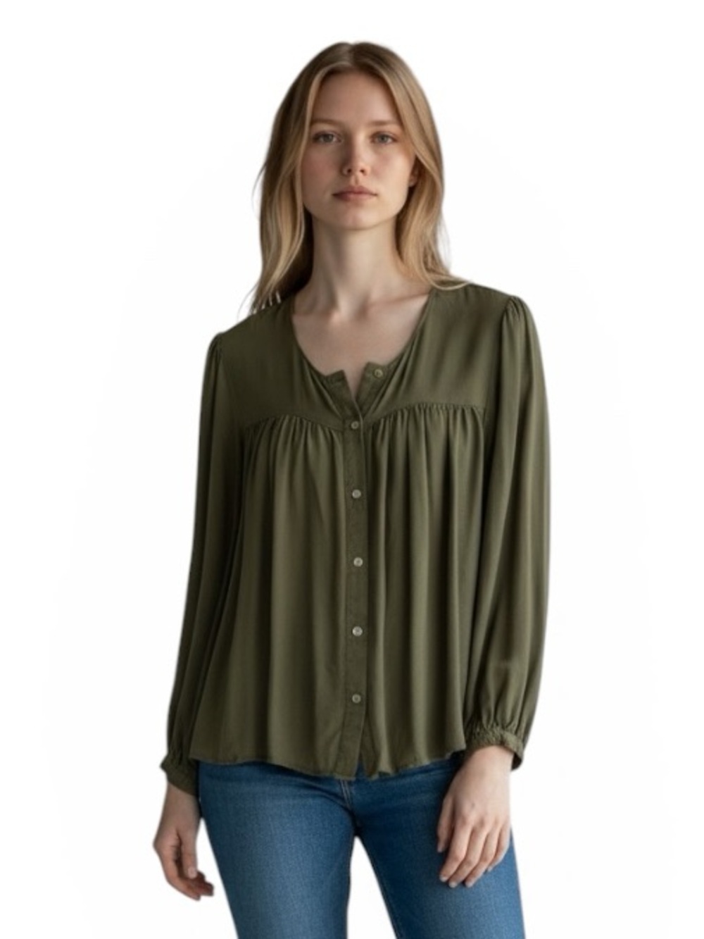ZARA Woman Olive Green Boho Flowy Button Front Blouse Size XS